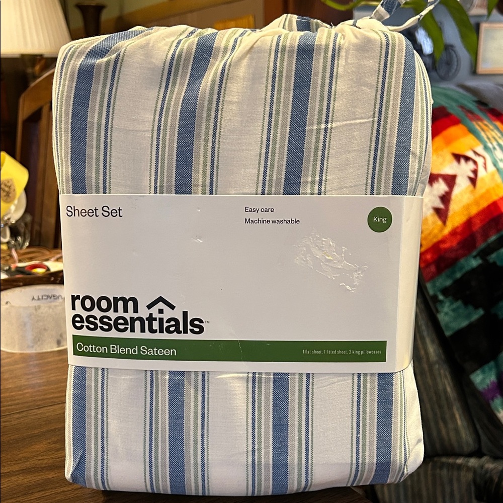 Room Essentials King Sheet Set in Blue and Green Stripe